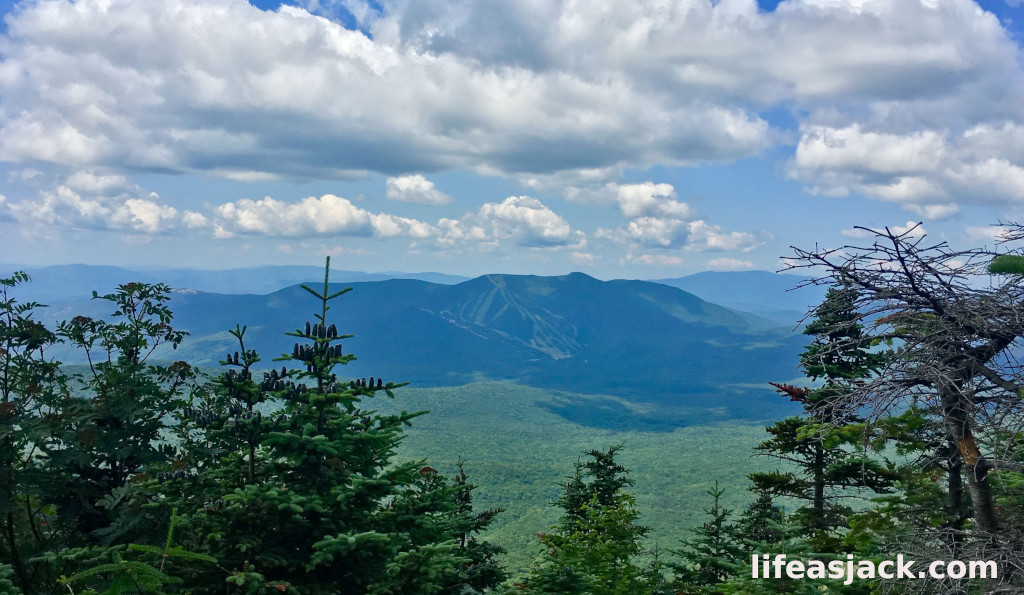 A view of the white mountains in New Hampshire from an ascent of one of the Tripyramids. A dark blue mountain range under scattered clouds and a blue sky. the lower half of the picture is framed in fir trees.