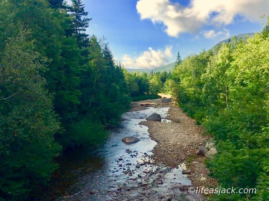 a mountain stream is in the center of the image. Conifers border the river on both sides, with a blue sky and scattered clouds above