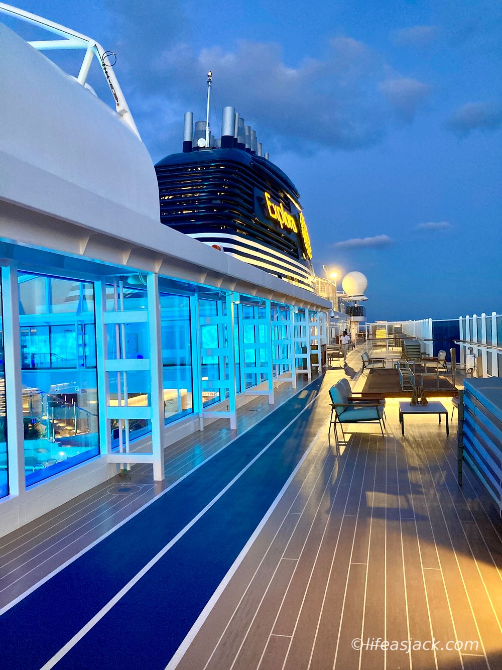A blue walking track is a feature used by guests aboard the cruise ship Explora 2