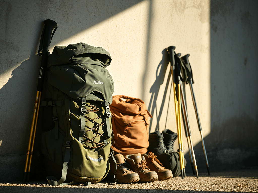 hiking backpacks and boots stacked against the wall.