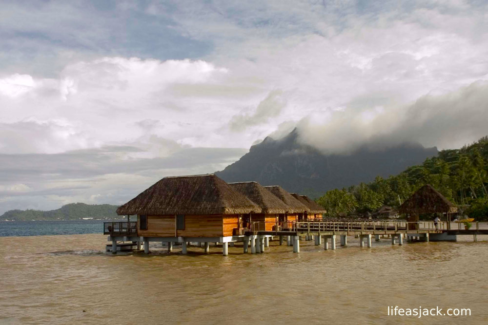 Over- water bungalows in the lagoon in Bora Bora